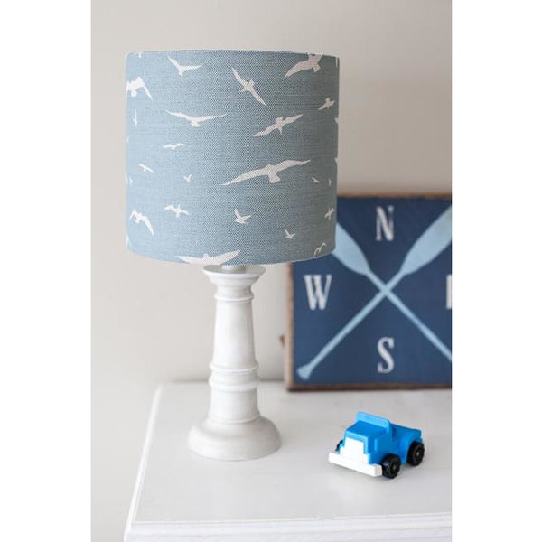 Peony & Sage Seagull Linen Lampshade - Oatmeal Seagulls on a Stone Blue Background