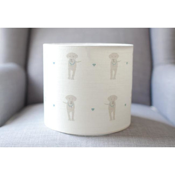 Olive & Daisy Puppy Love Linen Lampshade - Sand Colored Puppies on Cream with Blue Hearts