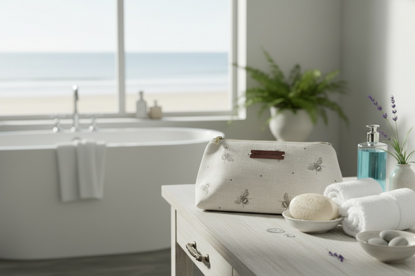 Washbag - Busy Bees Mink Grey on Cream