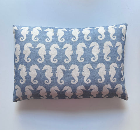 Peony & Sage Seahorses, Gustavian blue on cream linen