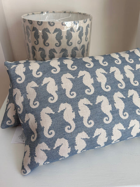 Peony & Sage Seahorses, Gustavian blue on cream linen