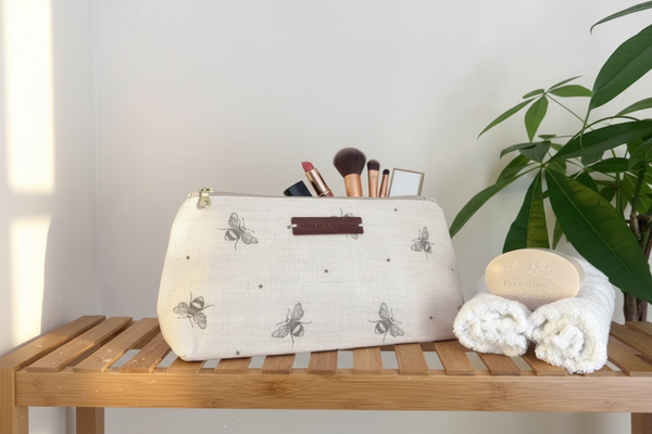 Washbag - Busy Bees Mink Grey on Cream