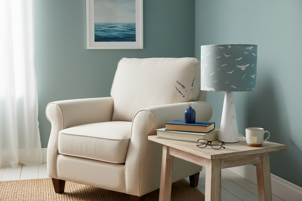 Lampshade Only - Peony & Sage Oatmeal Seagulls on a Stone Blue Background