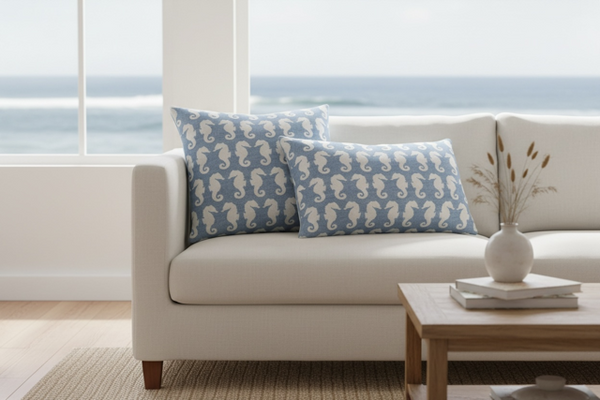 Peony & Sage Seahorses, Gustavian blue on cream linen