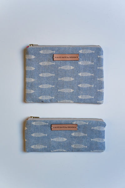 Pez Fish Weathered Blue on Cream Zipper Pouch