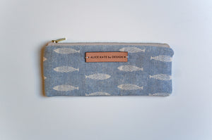 Pez Fish Weathered Blue on Cream Zipper Pouch