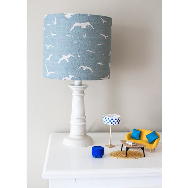 Peony & Sage Seagull Linen Lampshade - Oatmeal Seagulls on a Stone Blue Background