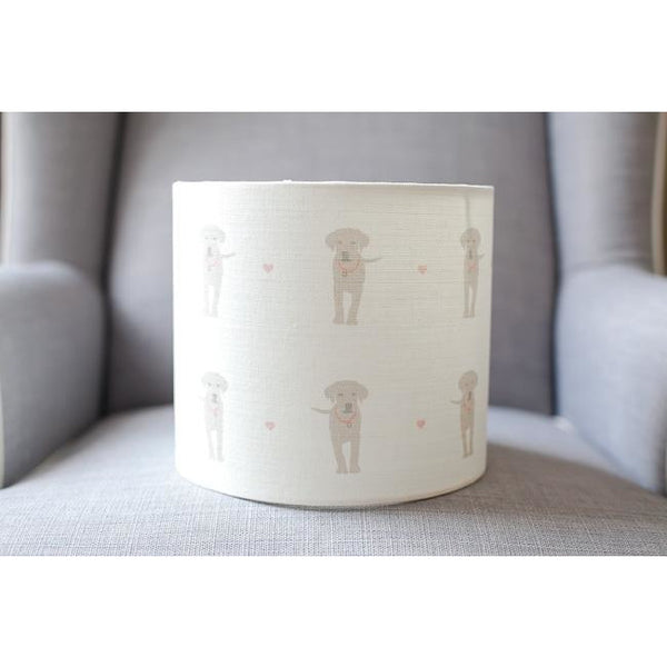 Olive & Daisy Puppy Love Linen Lampshade - Sand Colored Puppies on Cream with Pink Hearts