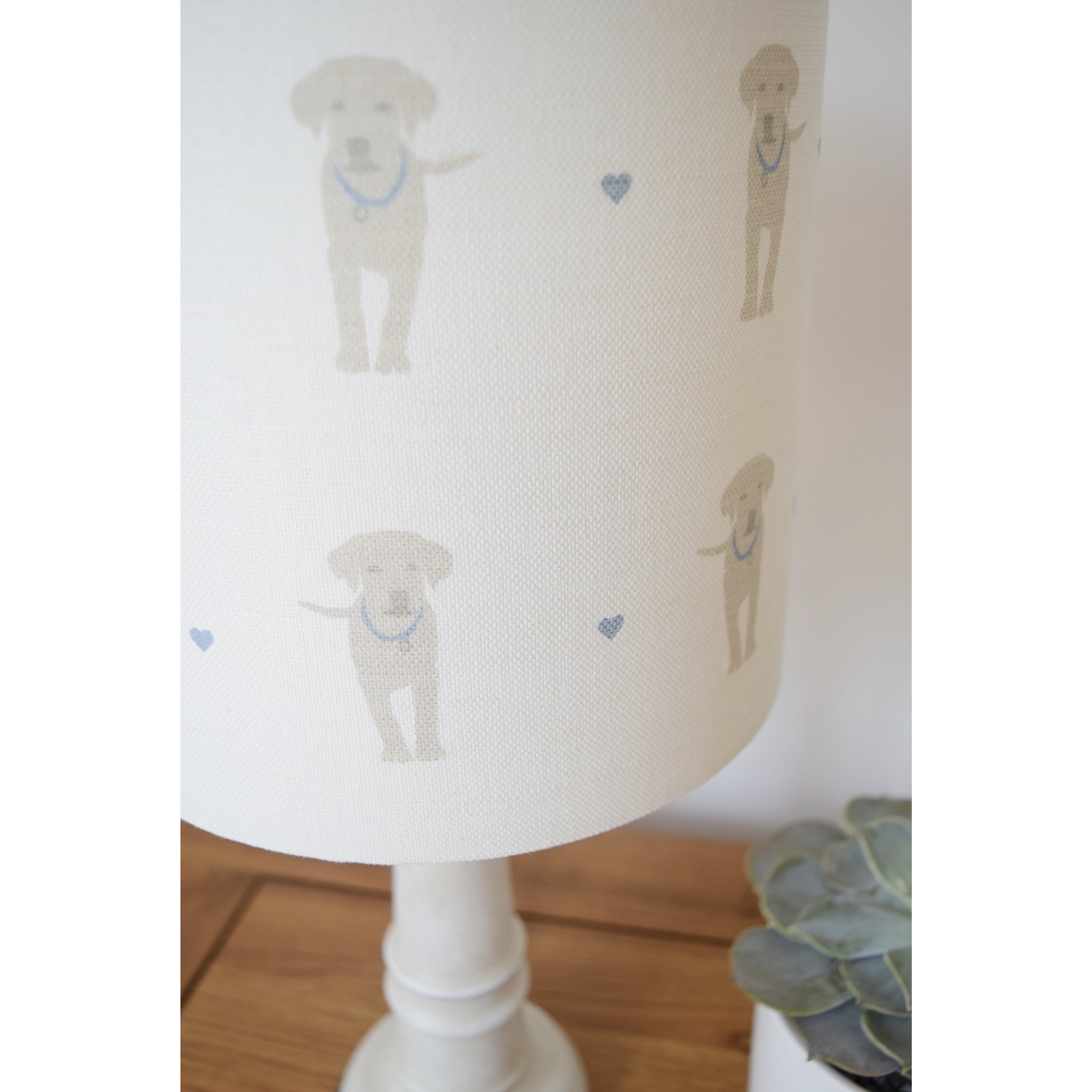 Olive & Daisy Puppy Love Linen Lampshade - Sand Colored Puppies on Cream with Blue Hearts